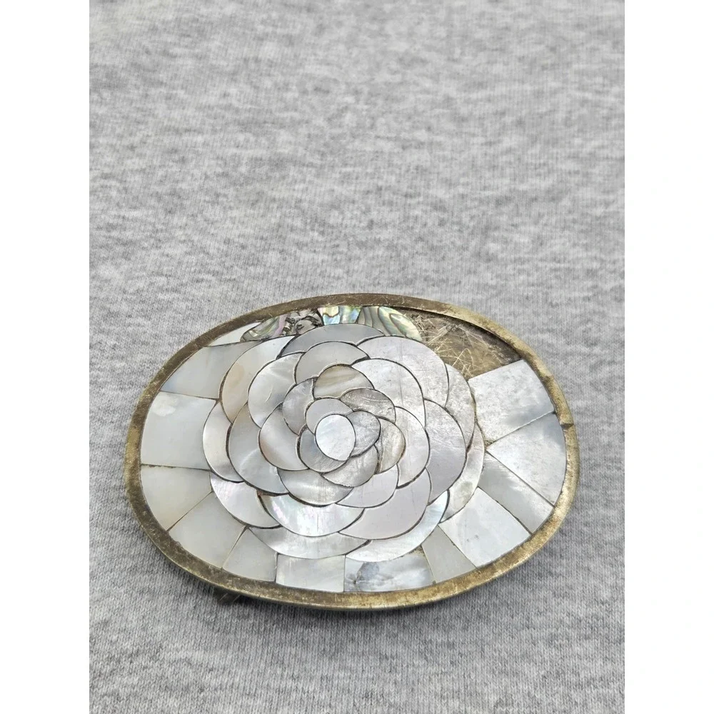 Vintage Handmade Abalone Floral Brass Belt Buckle Womens Boho Repurpose Project
